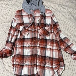 Red and Gray Plaid Button-Up Shirt with Hood